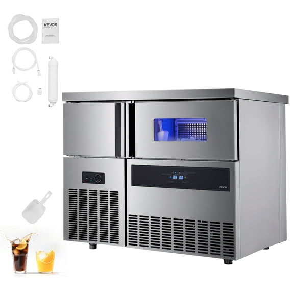 VEVOR Commercial Ice Maker Machine, 330 lbs/24H Stainless Steel Ice Machine with Worktop,88 lbs Storage & 144 Cubes/Cycle,Self-Cleaning Freestanding Ice-Making for Home Bar Office Restaurant Kitchen