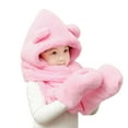 thumbnail image 2 of Visland Kids Hooded Scarf Glove 3 In 1, Fashion Casual Solid Color Cute Bear Ear Design Soft Cozy Plush Flannel Winter Head Ear Neck Hand Warm Scarf Hat Mitten for Boys Girls Outdoor Daily Wear, 2 of 5