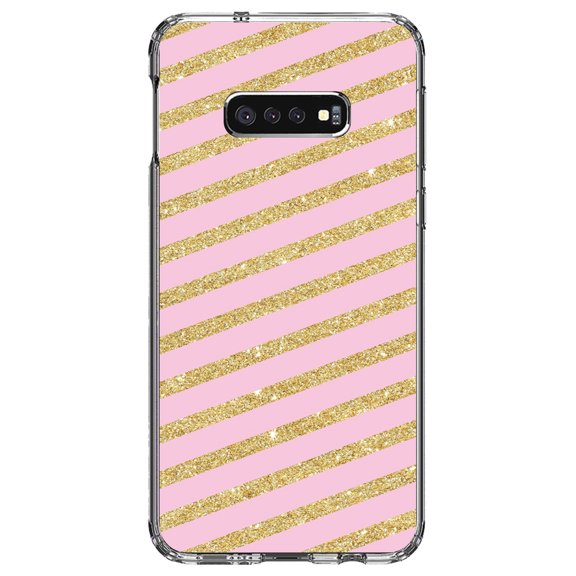 DistinctInk Clear Shockproof Hybrid Case for Samsung Galaxy S10e (5.8" Screen) - TPU Bumper, Acrylic Back, Tempered Glass Screen Protector - Pink & Gold Print - Diagonal Stripes Pattern
