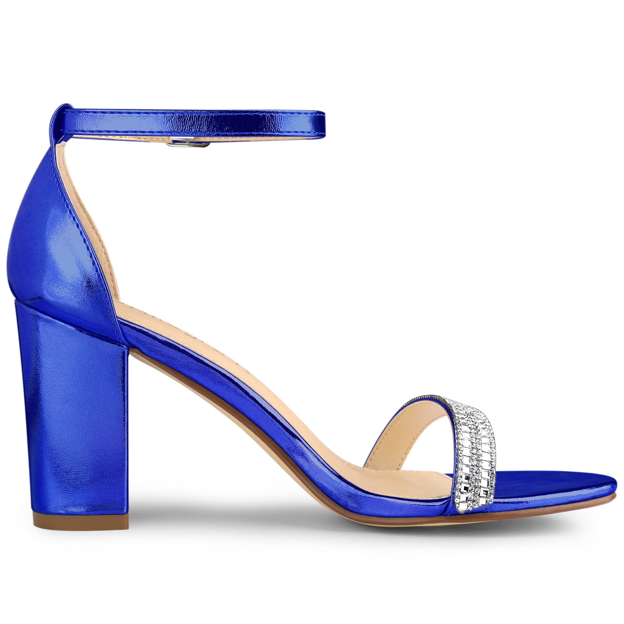 Unique Bargains Women's Sandals Block Heels Solid Rhinestone Ankle Strap Sandals