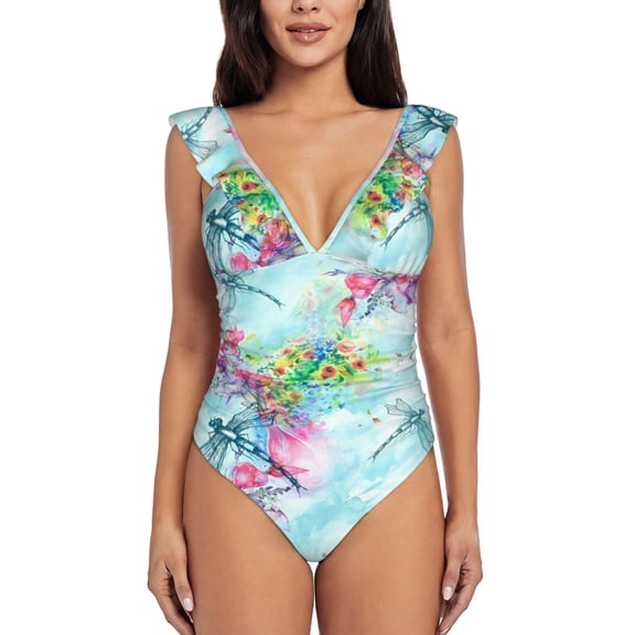 Picia Dragonfly Floral Blooming Jelly Womens Tummy Control Bathing Suits Slimming Ruffle Swimsuit One Piece Lace Swimwear-