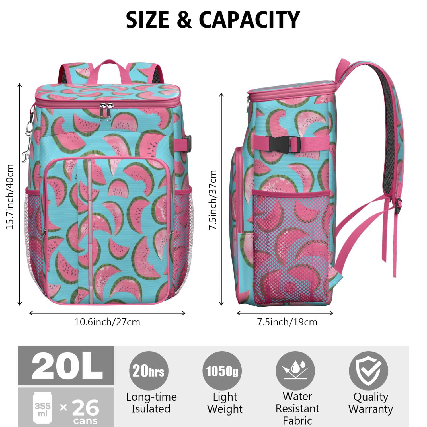 Tropical Watermelon Soft Cooler Bag - 20L Insulated Backpack for Picnic, Hiking & Road Trips - Leakproof Design, Long-Lasting Cold Retention, Geometric Print
