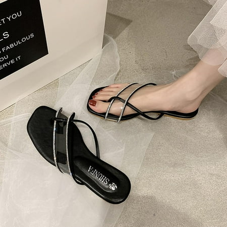 

Rourlinge Women Summer Clip-Toe Shoes Flats Ttransparent Casual Beach Sandals Black 35