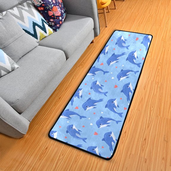 Valentine Dolphins Hearts Cartoon Long Floor Mat Runner Rug Area Rug Carpet Water Absorbent Non-Slip 72" x 24"