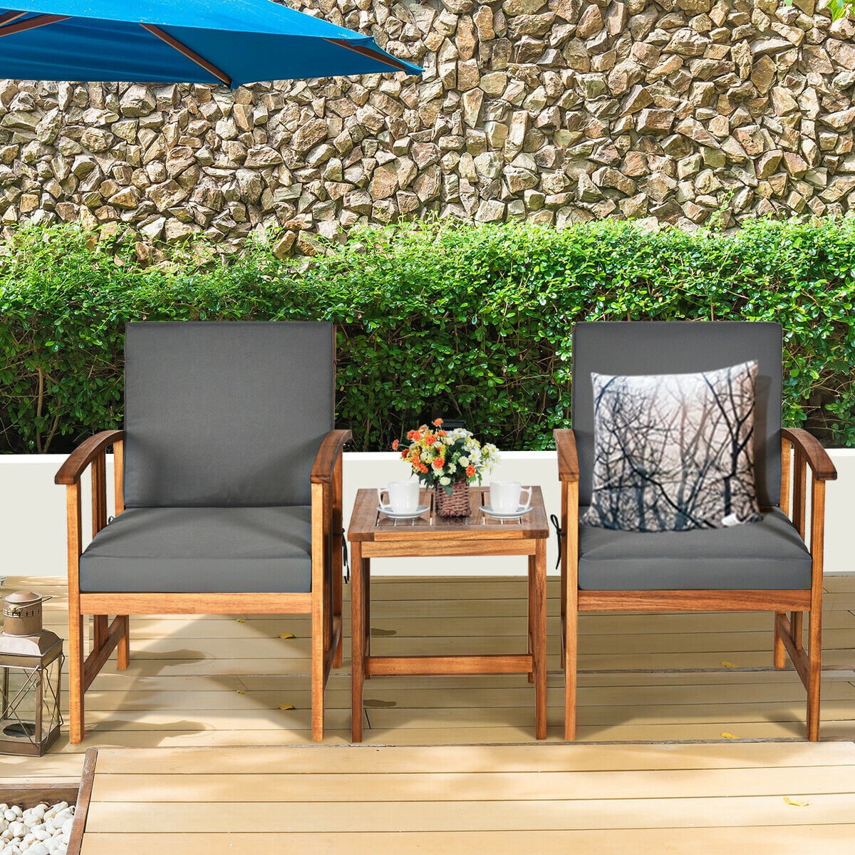 Gymax 3PCS Outdoor Patio Sofa Furniture Set Solid Wood Cushioned Conversation Set Grey