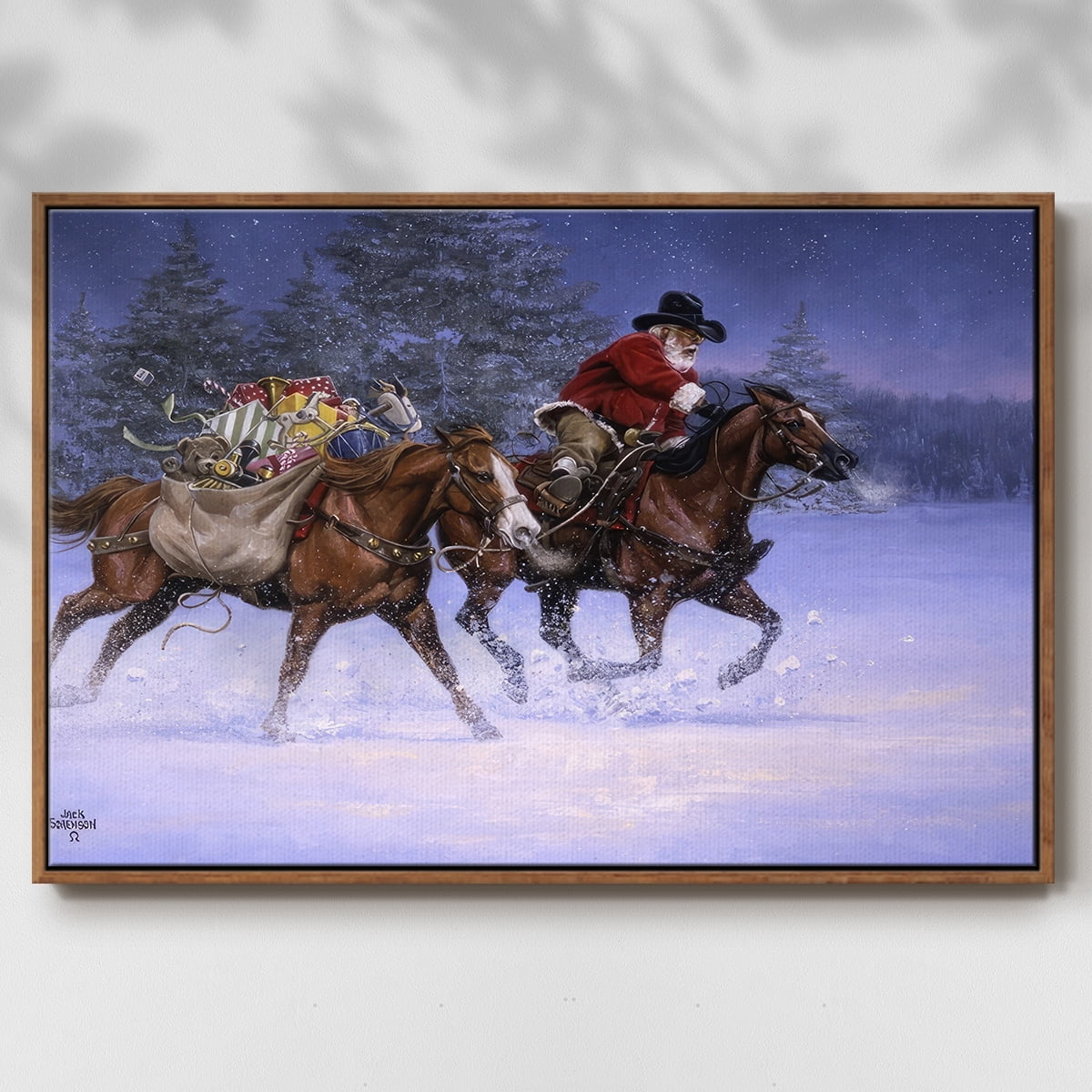 Christmas Rush - Framed Gallery Wrapped Holiday Canvas - 17 x 25 - Rosewood Frame