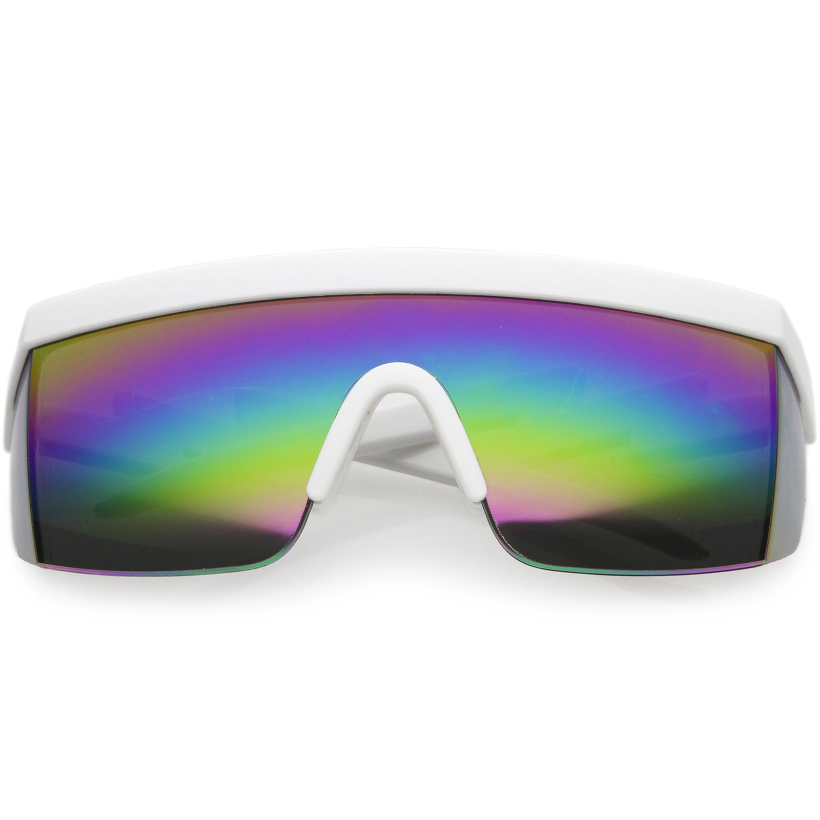 Oversize Semi Rimless Goggle Shield Sunglasses Mirrored Lens 60mm (White White / Rainbow