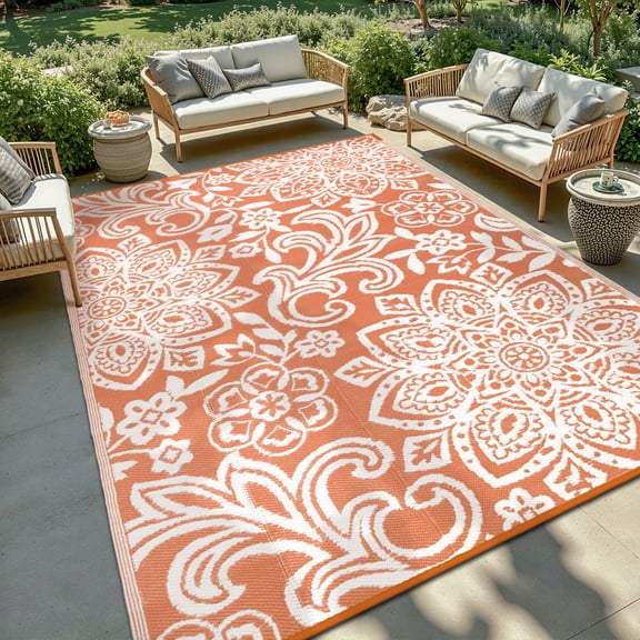 MJIAexp 6'x9' Orange Outdoor Rug Patio Rug Waterproof RV Outdoor Rug Camping Rugs Reversible Plastic Straw Rug Large Outdoor Mat for Camping, Balcony Apartment, Patio, Porch, Picnic, Beach