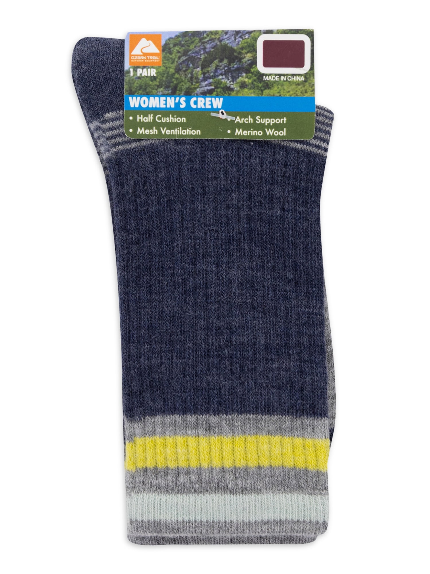 Ozark Trail Women's Merino Wool Blend Crew Hiking Socks, 1 Pack
