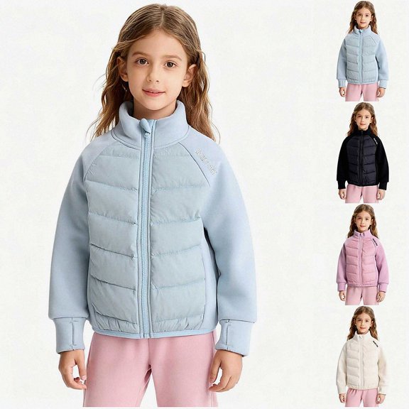 Teylalorva Girls Outerwear Jackets Color Block Stand Collar Zip Up Lightweight Down Jacket Short Casual Coat(4-15) Light Blue Size 4T