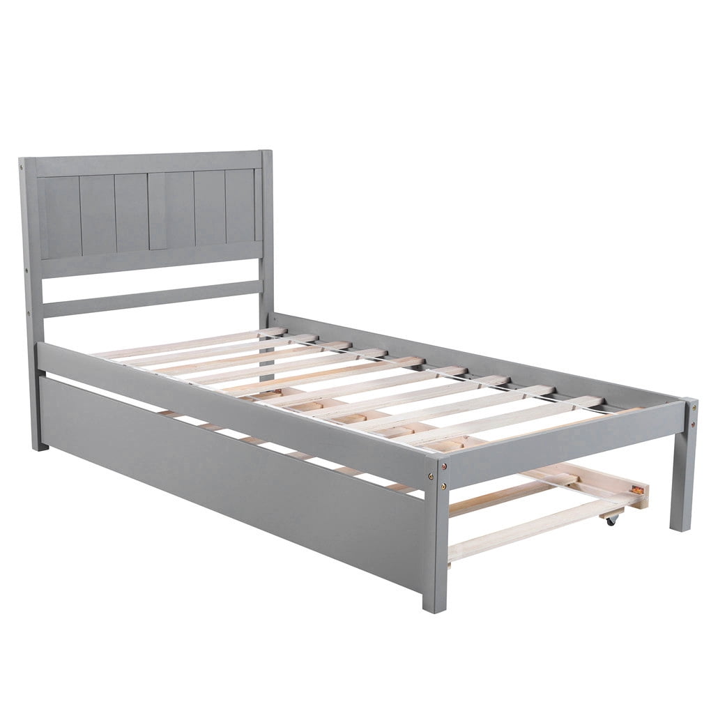 Irene Inevent Bed Frame Wooden Slatted Mattress Support Platform Bed Twin Size Trundle Bedstead with Headboard