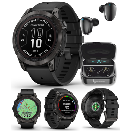 Garmin fenix 7 Pro Solar Sapphire Multisport GPS 47 mm Smartwatch, Carbon Gray DLC Titanium, Black with Wearable4U Black EarBuds Bundle