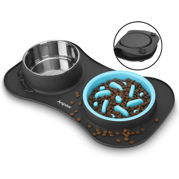 Slow Feeder Dog Bowls 3 in 1 Stainless Steel Food and Water Bowls with Non-Spill and Skid Silicone Mat to Slow Down Eating for Large Medium Small Breed Size Dogs and Cats