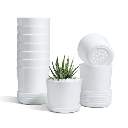 T4U Small Plastic Plant Pots with Saucers, White, 4 Inches, Set of 10