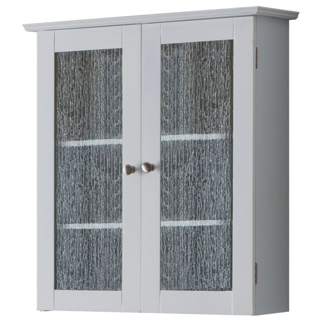 Jones Organizador de almacenamiento de botiquín de baño de montaje en pared con puerta y estantes de vidrio, madera blanca, contemporáneo Pilaster Designs HABR921