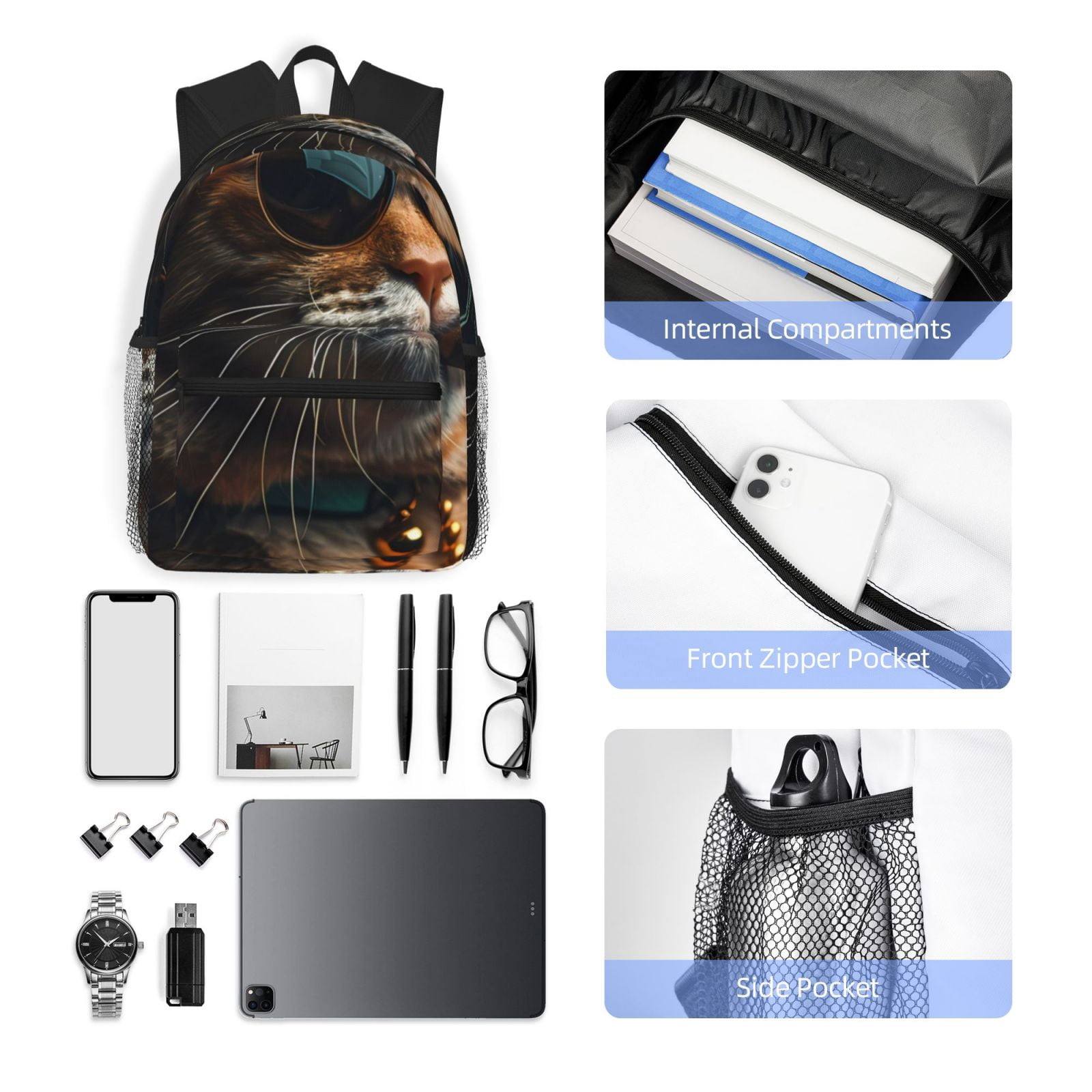 Gukieu Dapper Cat in Sunglasses Print Backpack, Waterproof Backpack with Adjustable Shoulder Straps, Suitable for Campus, Business, Travel, Unisex