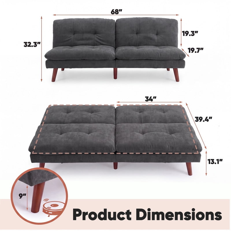 Lacoo Convertible Futon Sofa Bed, 2-Seat Adjustable Upholstered Couch, Gray