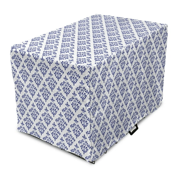 Ethnic Dog Crate Cover, Monochrome Damask Style Leaves Arrangement Slavic Inspired Typical Ceramic Print, Easy to Use Pet Kennel Cover Small Dogs Puppies Kittens, 7 Sizes, Indigo White, by Ambesonne