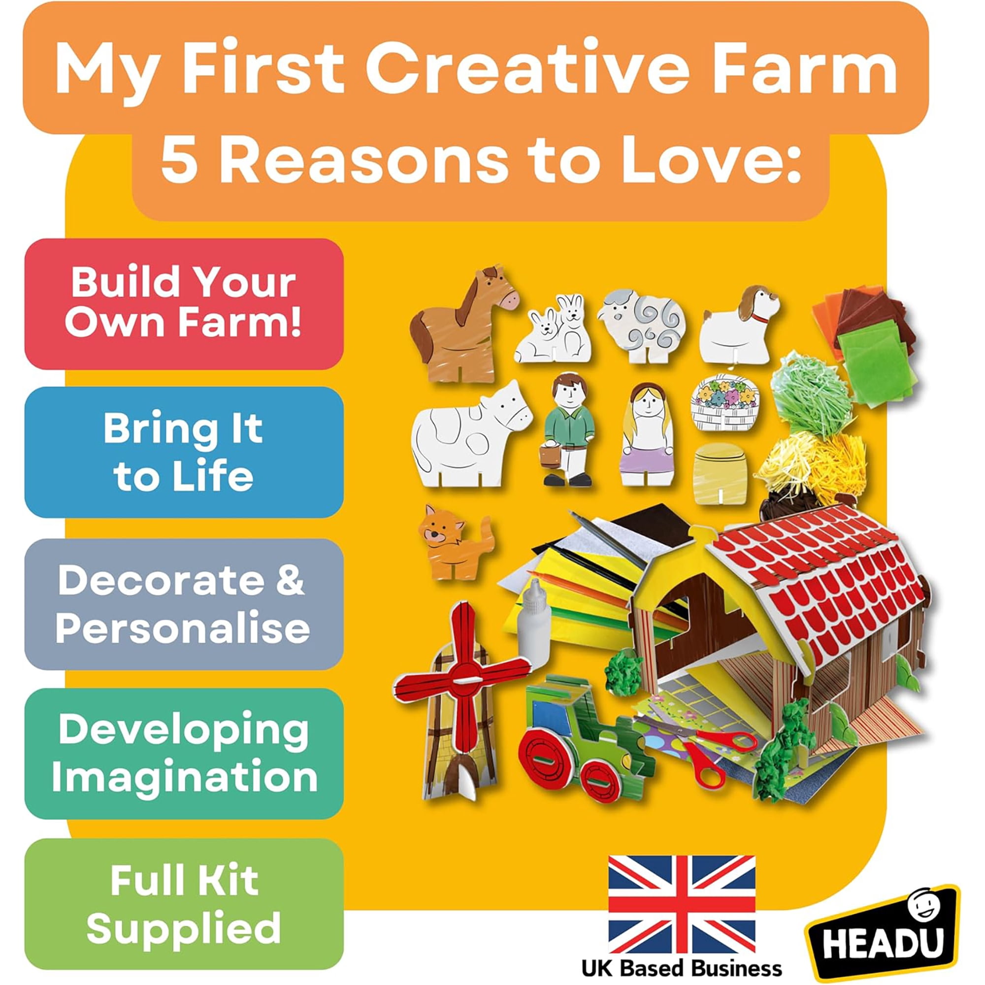 Headu: My First Creative Farm - Build-Color-Decorate a 3D Farm Scene, Barn-Animals-Farmers Cut-Out Pieces, DIY Tactile Storytelling Crafting, Kids 4+