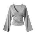 thumbnail image 6 of NominalSnug Tops for Womens Long Sleeve Blouse V Neck Waist Ruched Bell Sleeve Loose Fit Casual Fall Shirts, 6 of 8