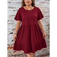thumbnail image 6 of Burgundy Plus Size Round Neck Ruffle Sleeve Drop Waist Casual Summer Dress, 6 of 6