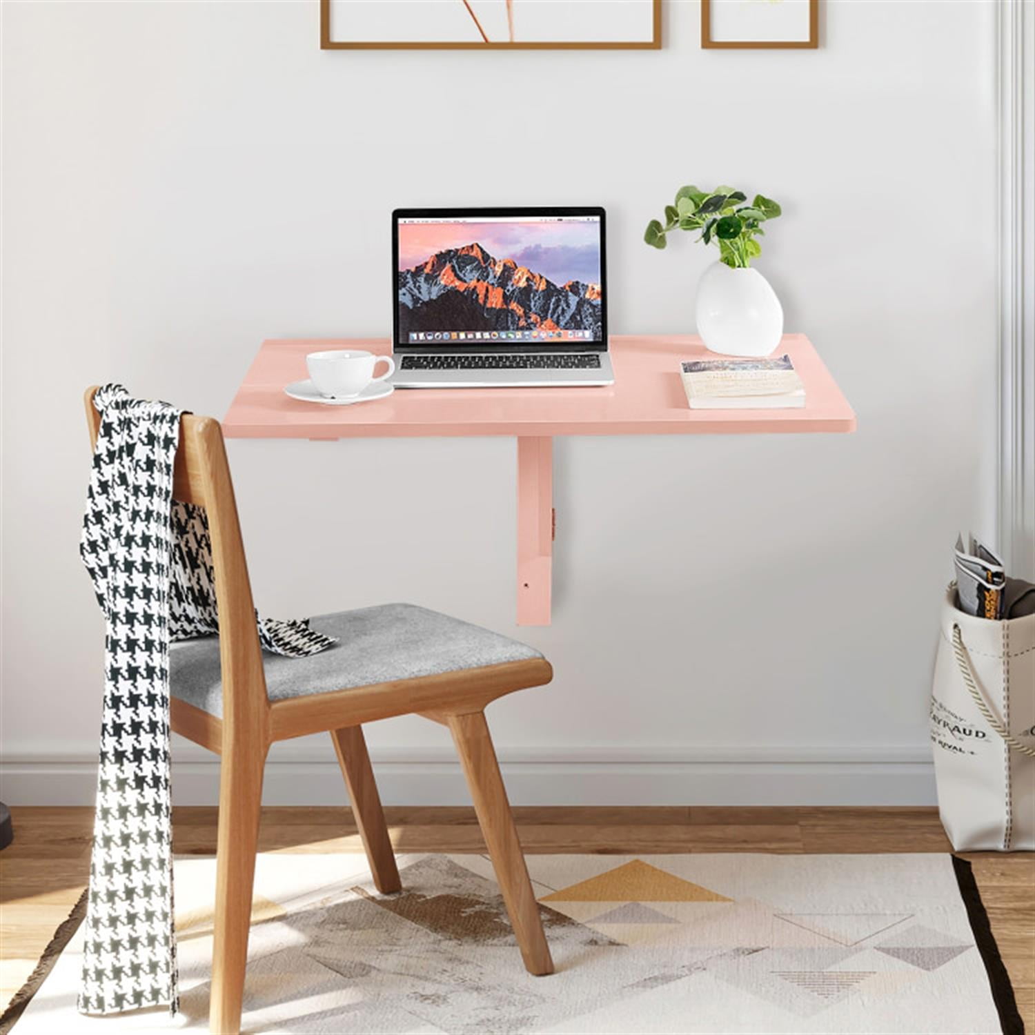 Demi Bonn 31.5" Wall Mounted Folding Table for Small Spaces, Laptop Workstation Desk for Laptops, Books, Tablets, and Art, Pink