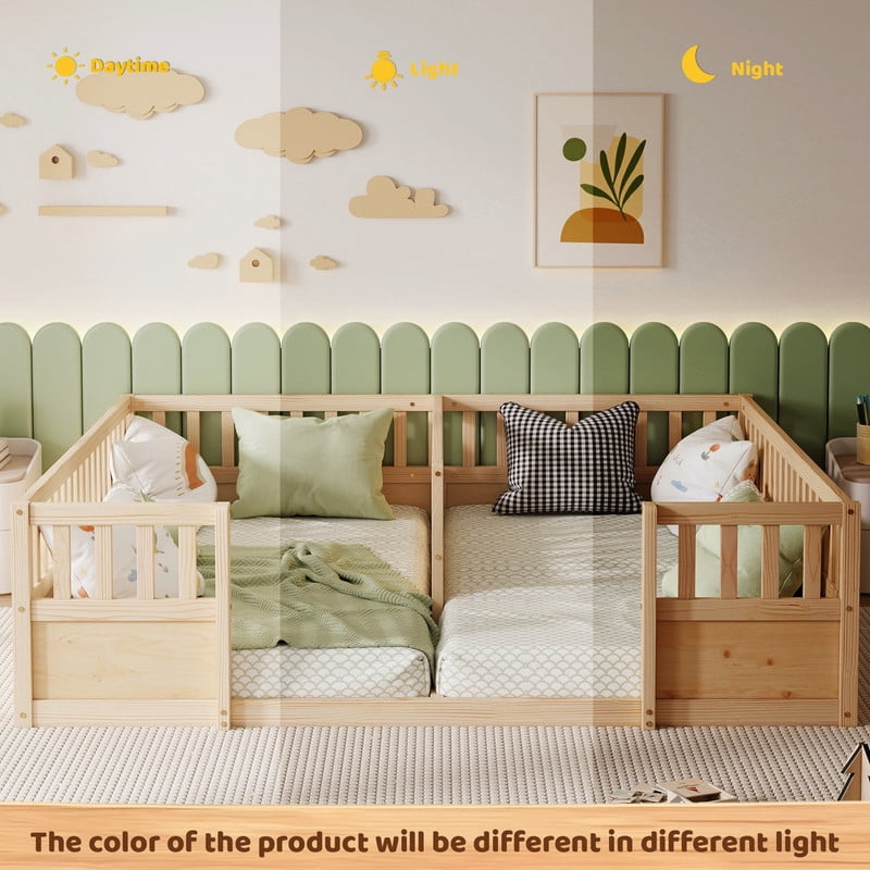 Twin Size Horizontal Floor Bunk Bed Frame with Semi-Enclosed Safety Guardrails, Wood Low Profile Kids Bed with Open Entrance