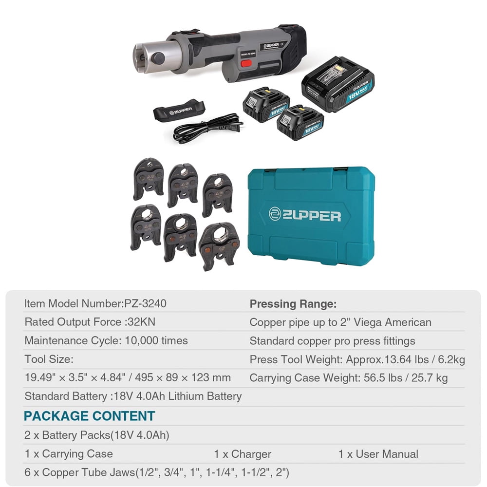 Upgraded Standard Pro Press Tool kit with 6 Copper Pro Press Jaws 1/2" to 2", 2pcs 4AH Battery, Fast Charger & Carrying Case