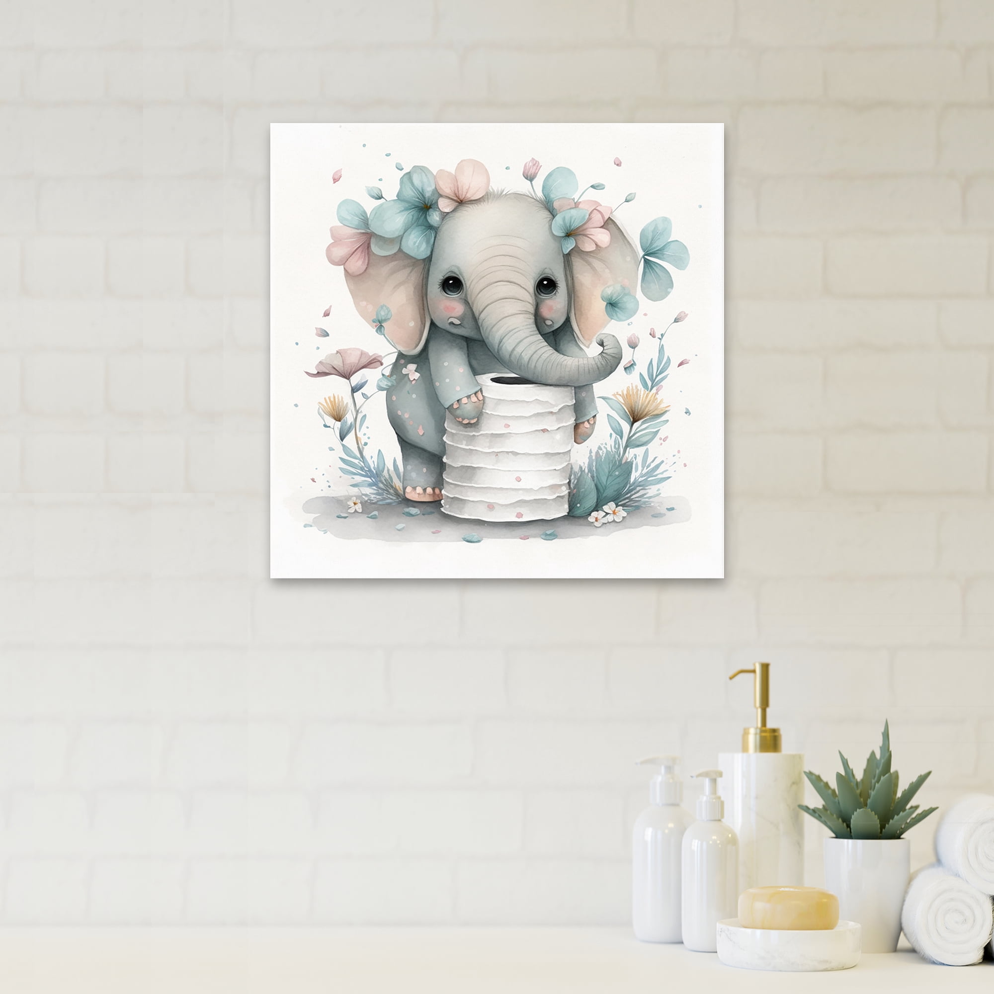Designart Elephant Building A Tower Of Toilet Paper With Flowers I Canvas Wall Art
