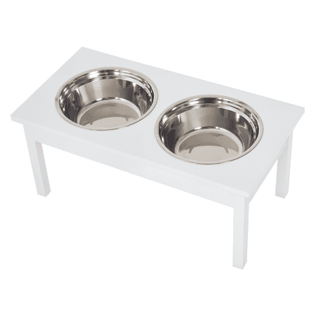 Dog Food Bowls Elevated Station 23 Inch Wooden Pet Feeder - White - Stainless Steel Bowls for Small Medium Dogs - Non-Slip Base