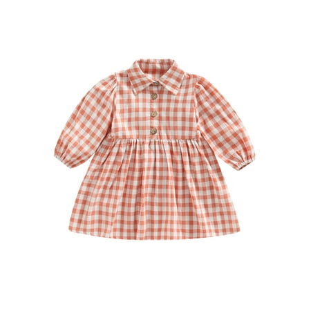 

Toddler Kids Girls Cute Dress Plaid Turn-Down Collar Long Sleeve Buttons Dress Spring Autumn Casual A-line Dress