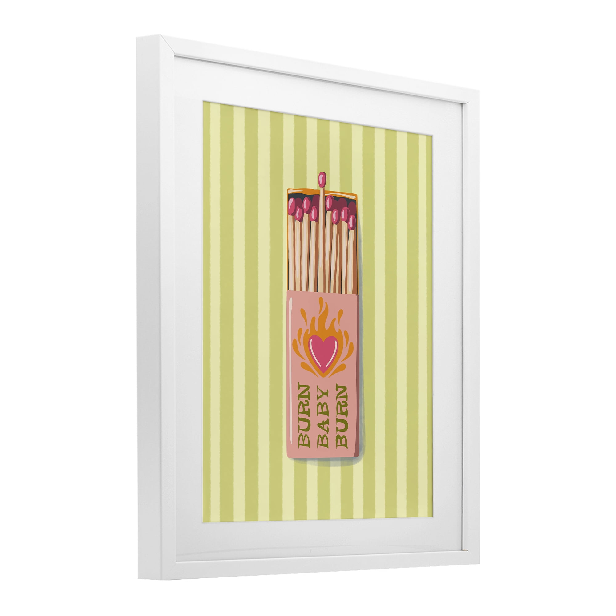 Burn Baby Matches White Framed Print Under Glass, design by Elyse Anastacia