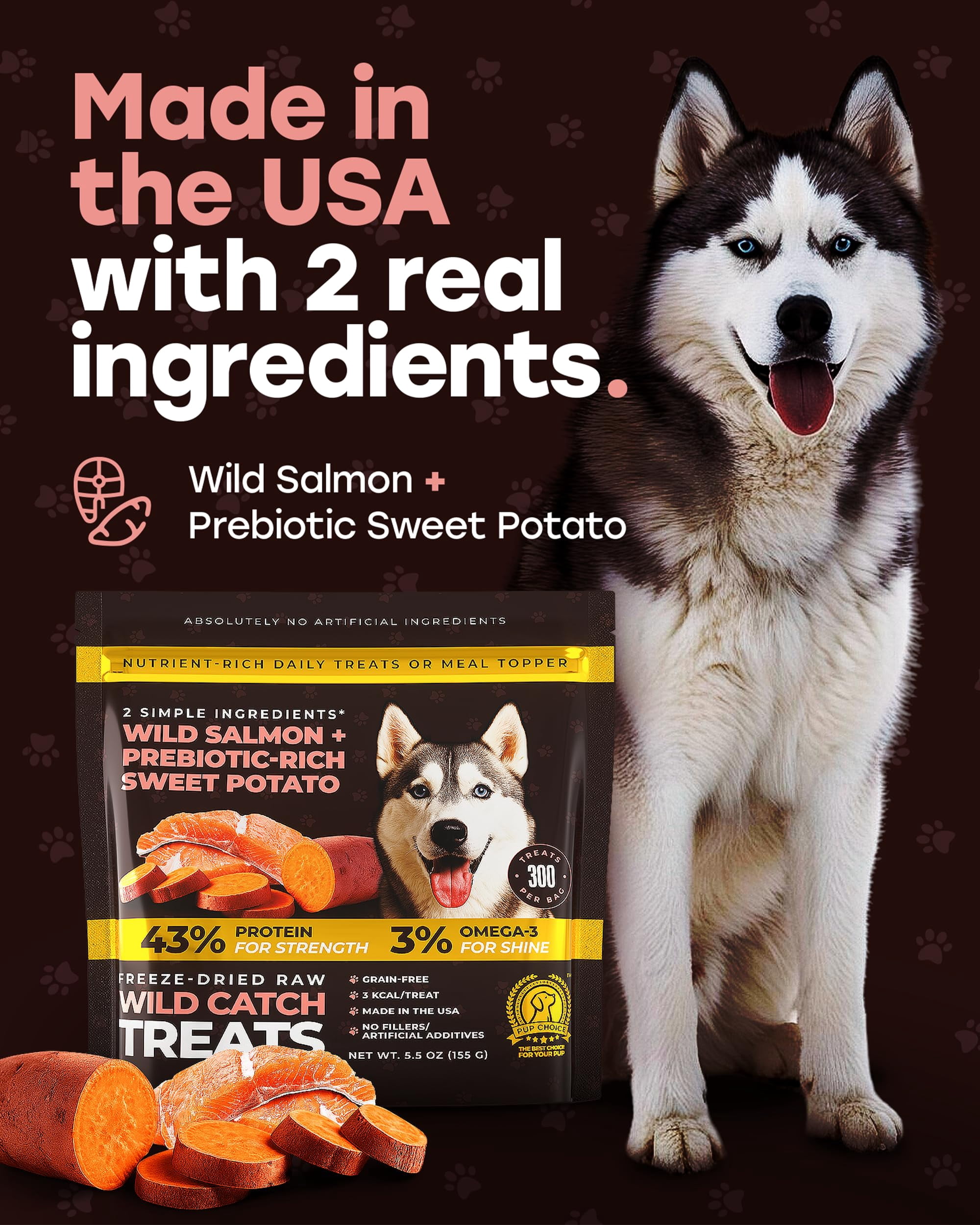 Pup Choice Freeze-Dried Salmon Dog Treats – Single Protein, Grain-Free Training Treats with Sweet Potato, High-Protein Meal Topper, Natural Salmon, 5.5 oz (300 Count)