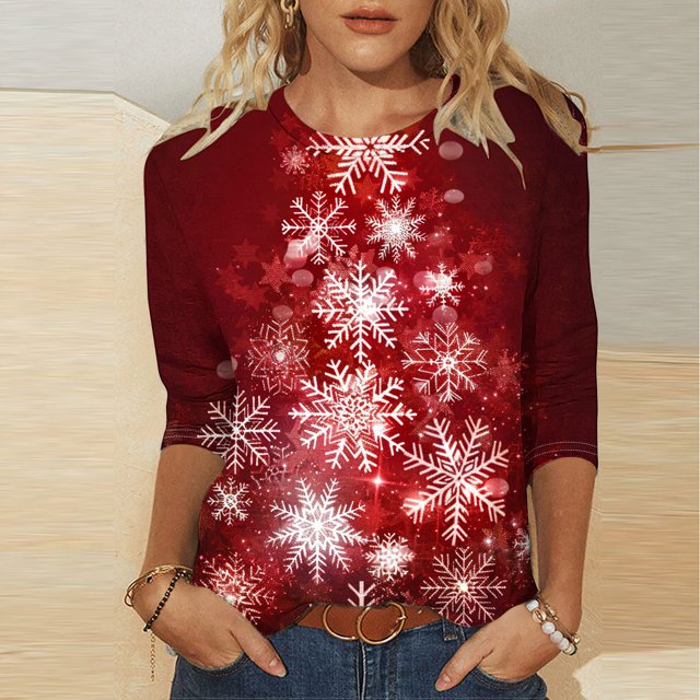 Mirages Femmes 2024 Automne Haut, T-Shirt Imprimé Mode Féminine, Blouse Manches 3/4, Col Rond Hauts Décontractés/rouge,(L)
