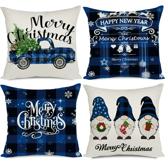 Christmas Pillow Covers Blue 16x16 Decorative Outdoor Farmhouse Merry Christmas Buffalo Plaid Truck Gnomes Christmas Pillow Shams Cases Slipcovers Set of 4 for Couch Sofa