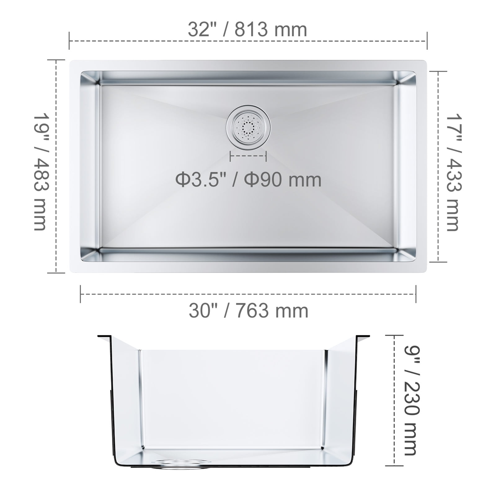 KFFKFF 32" Undermount Kitchen Sink Single Bowl Basin Stainless Steel Kitchen Bar