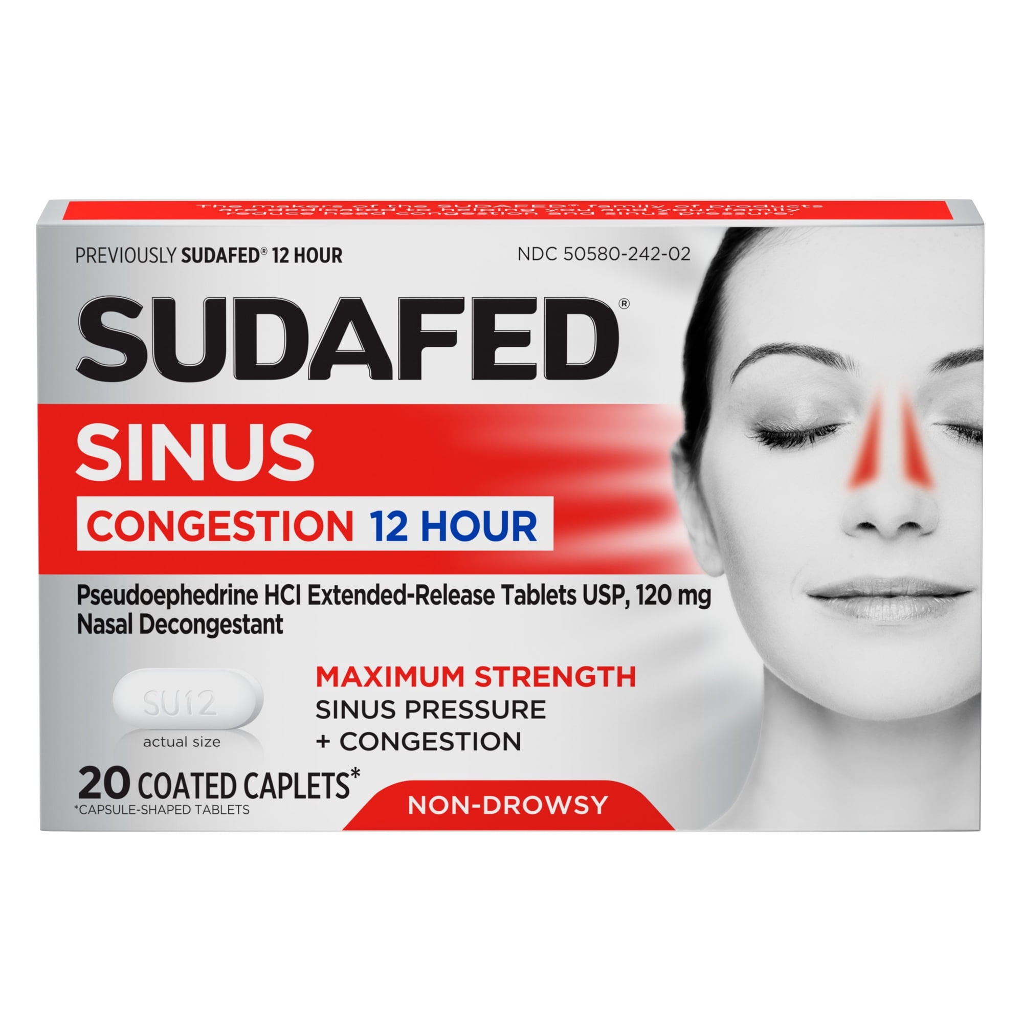Sudafed Maximum Strength 12 Hr Sinus Decongestant, Non-Drowsy, 20 ct