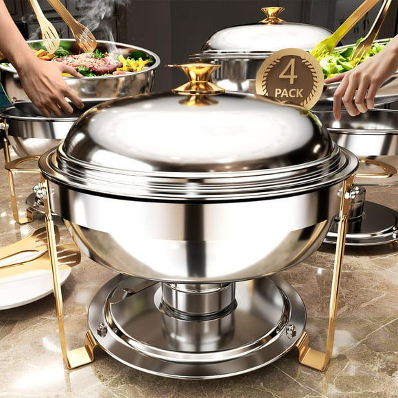 Chafing Dishes for Buffet 4 Pack, 3Qt and 5Qt High Grade Chafing Dish Buffet Set with Extra Food Pans and Serving Tongs, Chafing Dish with Stainless Steel Lid for Birthday, Wedding, Gold