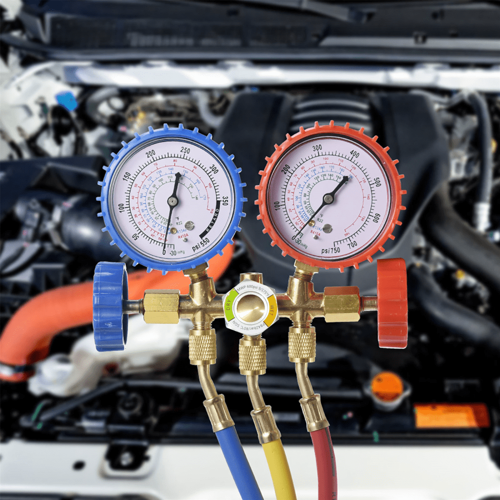 Multi-Refrigerant AC Manifold Gauge Set for R134A R12 R22, Heavy-Duty Three-Color Hose Kit with Antishock Couplers for Automotive Repair Shops and Industrial HVAC Systems