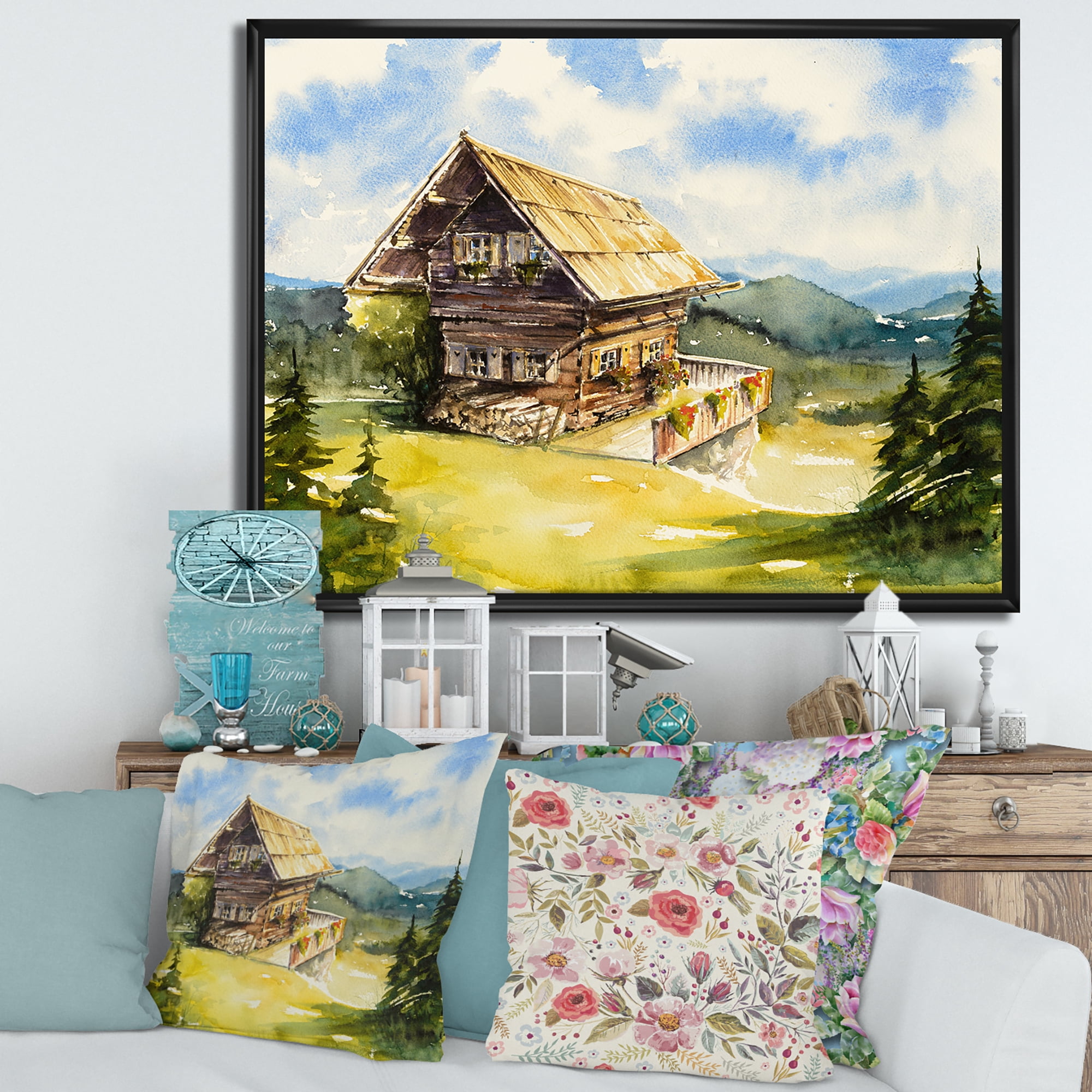 Designart 'Old Cottage At Summer With Peaceful Landscape' Traditional Framed Canvas Wall Art Print