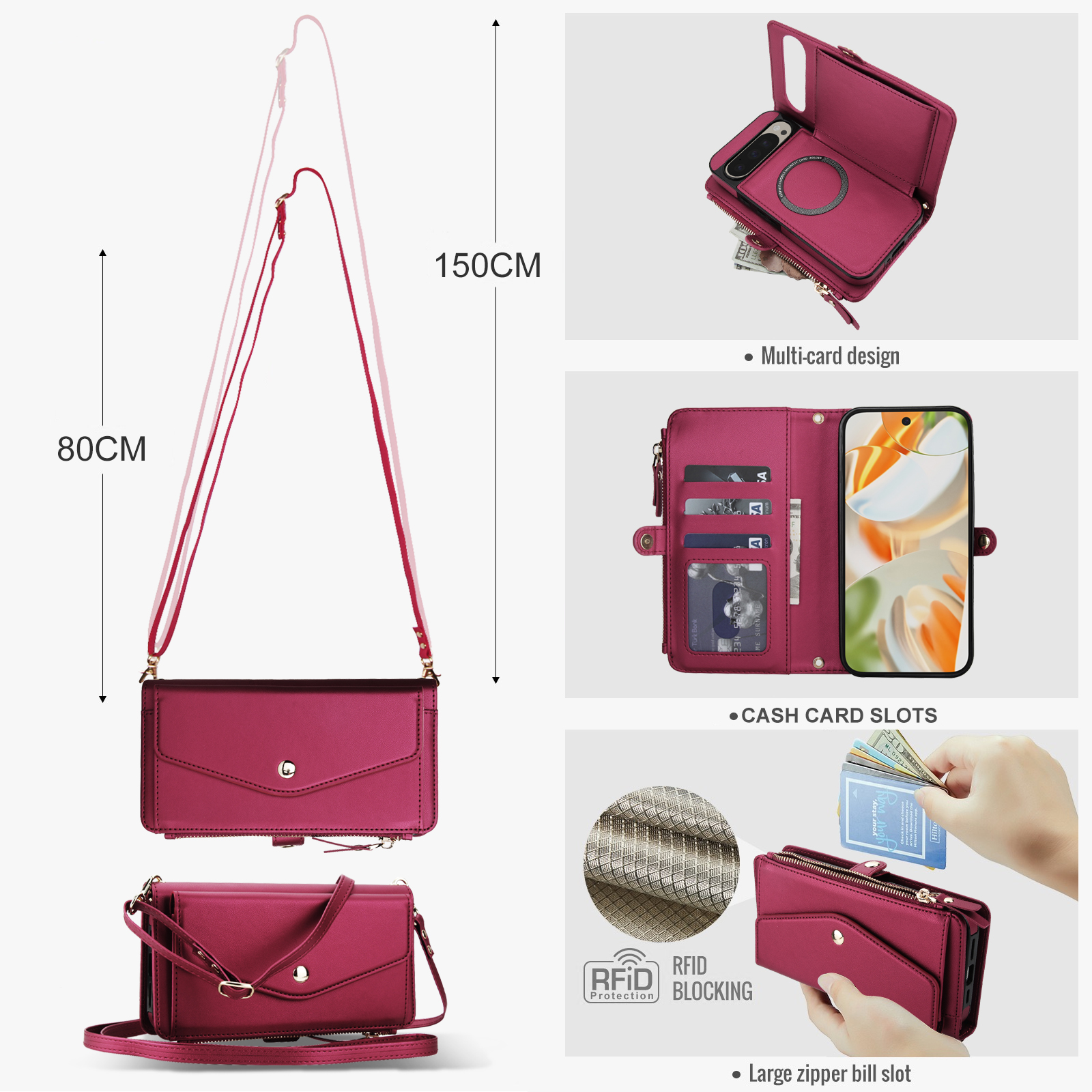 Designed for Google Pixel 9 / 9 Pro Multi-Function Wallet Phone Case,With Shoulder Strap&Wrist Strap,Cash Pocket&Card Slots,Zipper Purse,Magnetic Detachable PU Leather Flip Phone Case,Red