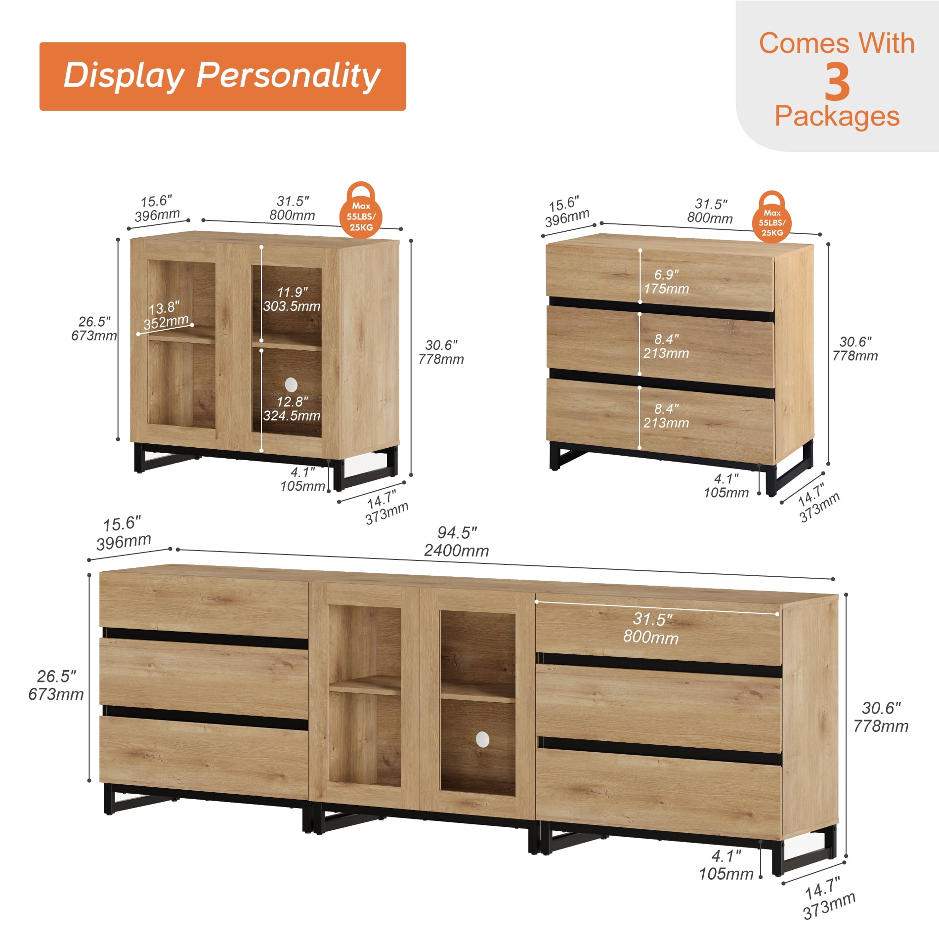 3 In 1 Multifunctional Dresser with Glass Doors & 6 Drawers, Modern Chest of Drawers with Adjustable Shelf and Metal Base, Household Storage Cabinet for Bedroom,Oak