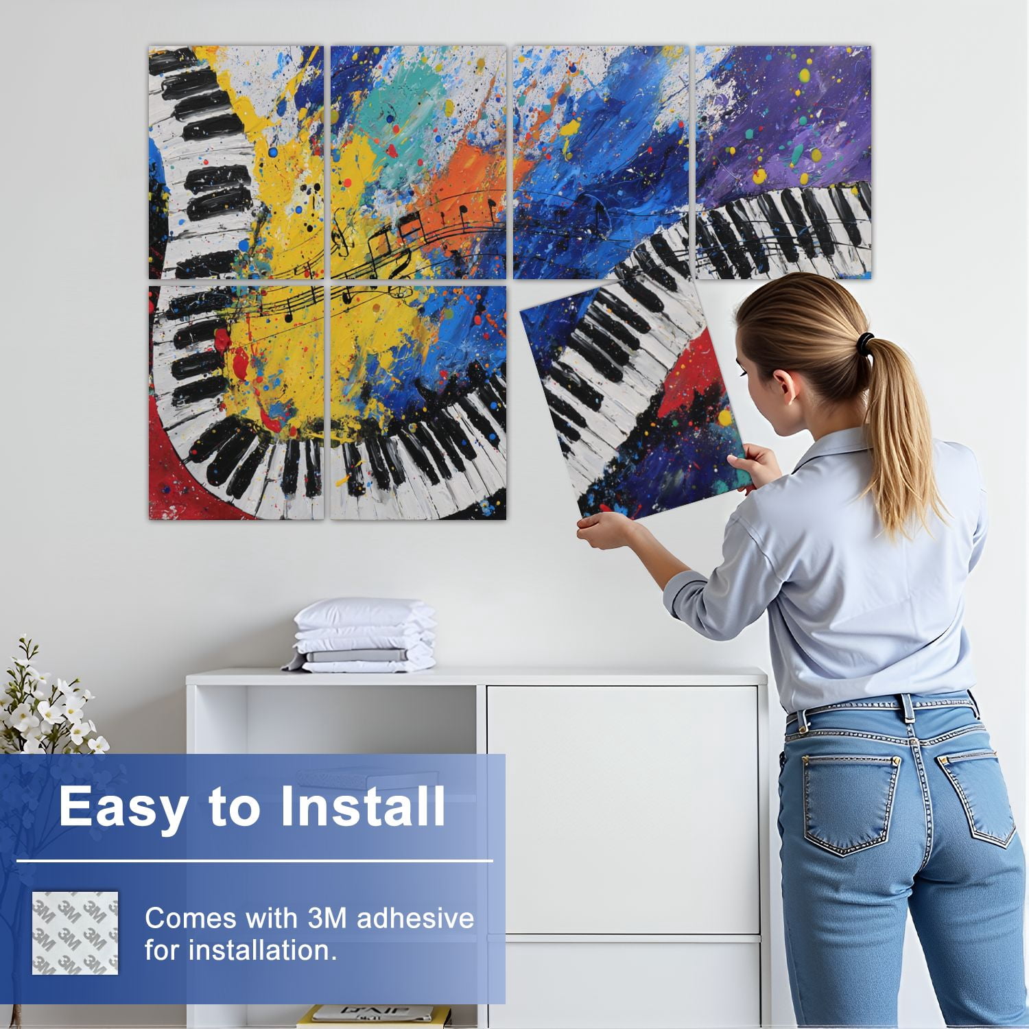 8 Pack Art Acoustic Panels Sound Absorbing Abstract Piano Keyboard Musical Notes Splash Graffiti Curved Piano Decorative Soundproof Wall Panels Self Adhesive for Nursery Game Room Bedroom 48"x32"
