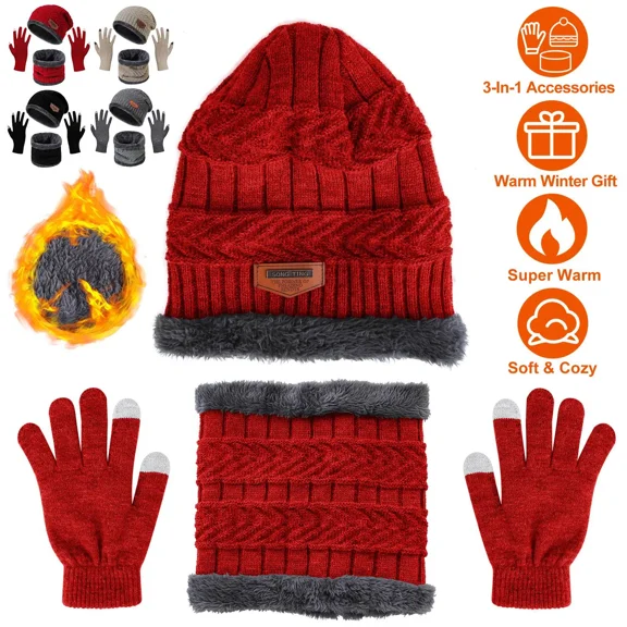Buytoshop 3Pcs Winter Knitted Hat Scarf Gloves, Warm Beanie,Touch Screen Gloves and Neck Warmer Scarf Set, for Men Women,Red