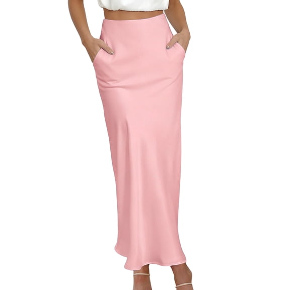 asdoklhq Maxi High Waist Skirts for Women Flowy Chiffon Ladies' Fashion Solid Color Chiffon Satin Midi Dress with Pockets Pink S