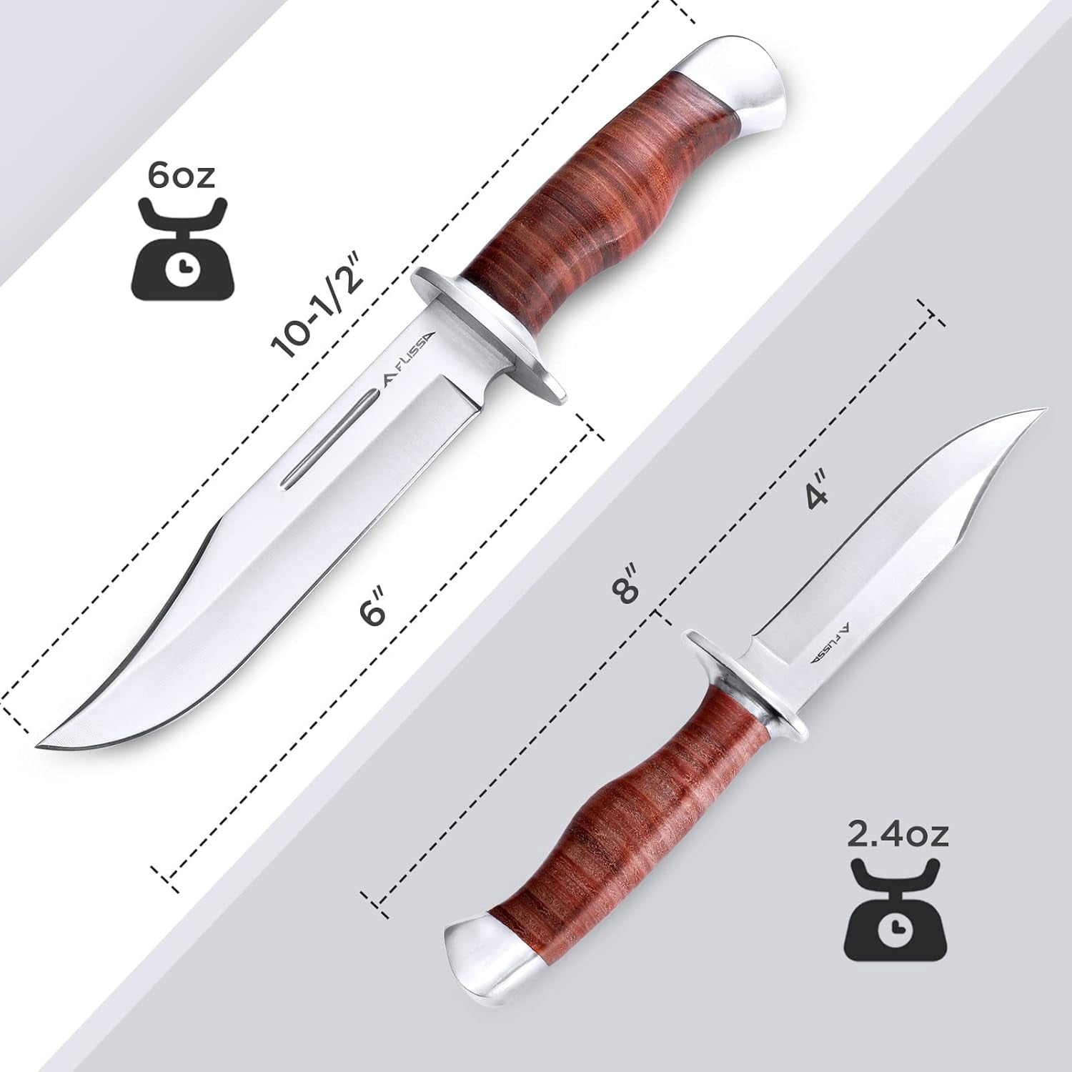 FLISSA 2-piece Bowie Knife with Sheath, Fixed Blade Hunting Knife with Leather Handle for Outdoor, Camping, Survival, Hiking