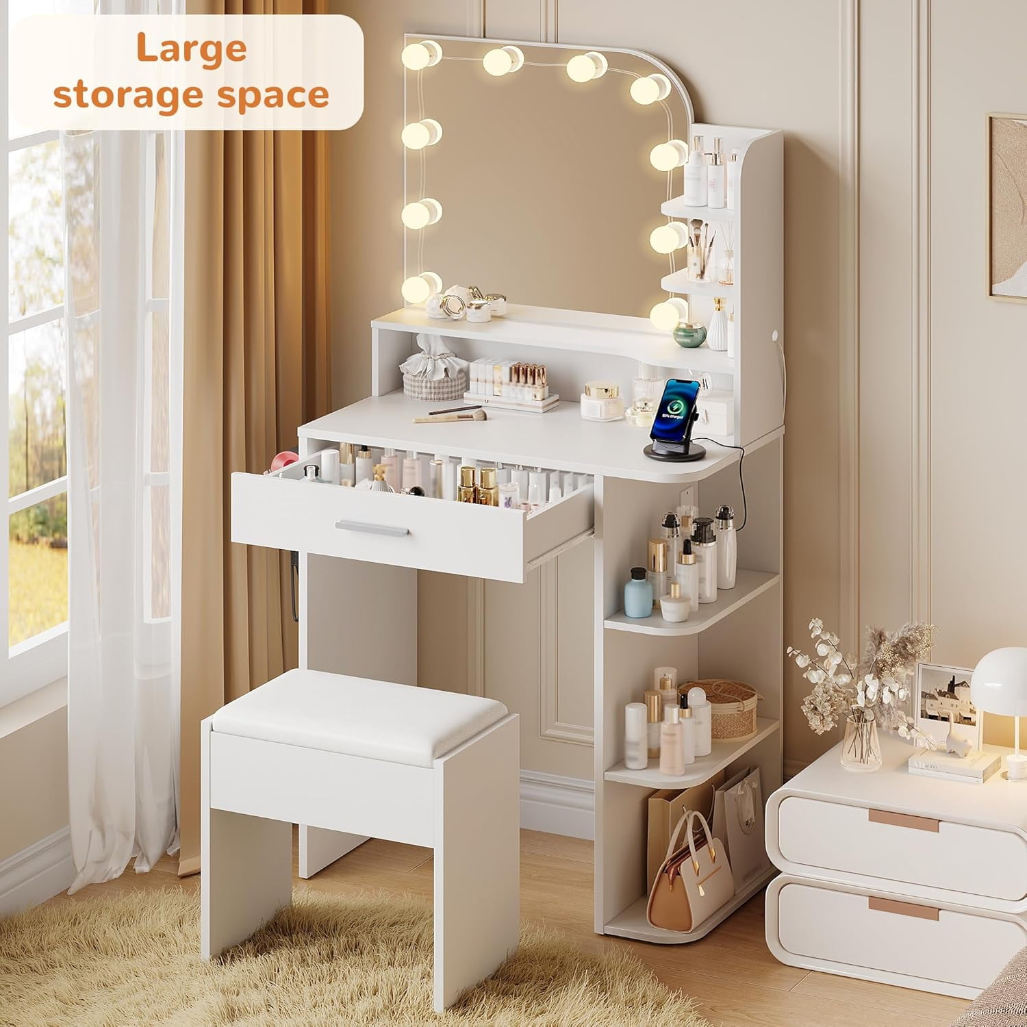 makeapile Makeup Vanity with Chair, Small Vanity Desk with Mirror , Lights 3 Colors and Power Outlet, Compact Vanity Table for Small Space, White