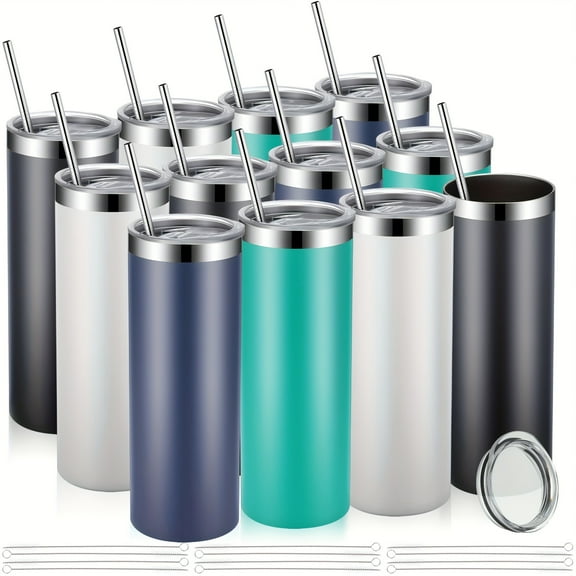 12-Pack 20oz Skinny Tumblers with Leakproof Lid & Straw, Double-Wall Insulated for Travel Parties