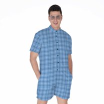 Solf Blue Tattersall Pattern Short Sleeve Men'S Rompers Casual Summer Jumpsuits Outfit