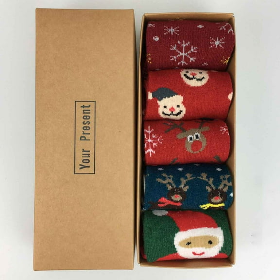 Monebena 1 Box of 5 Pairs Christmas Socks for Womens Cotton Fuzzy Socks Winter Warm Floor Socks Christmas Stocking and New Year Gift for Girls M01